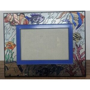 Vintage FIGI Hand Painted Fish Scene  Stained Glass Frame For 4x6 Photo